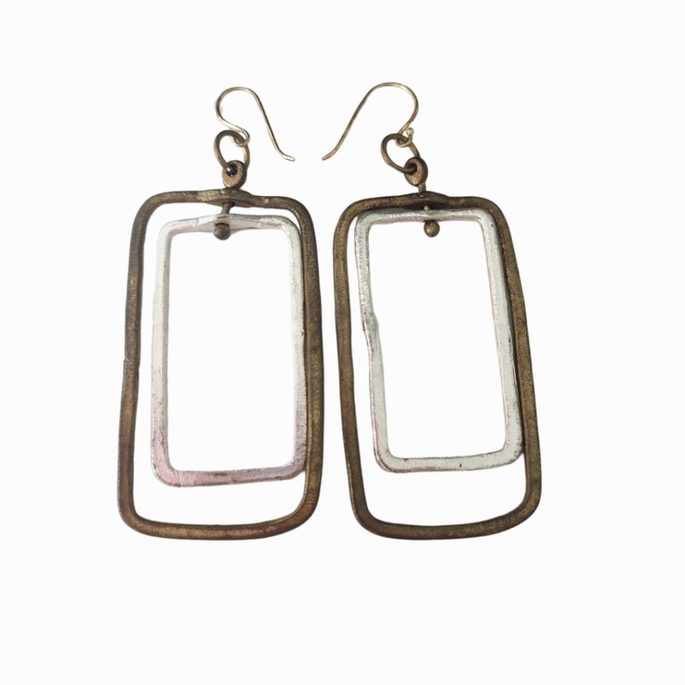 Rustic Gold And Silver Rectangular Earrings - image 1